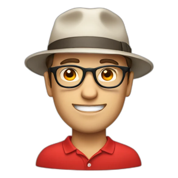 European guy with a hat, a red polo and glasses sticker