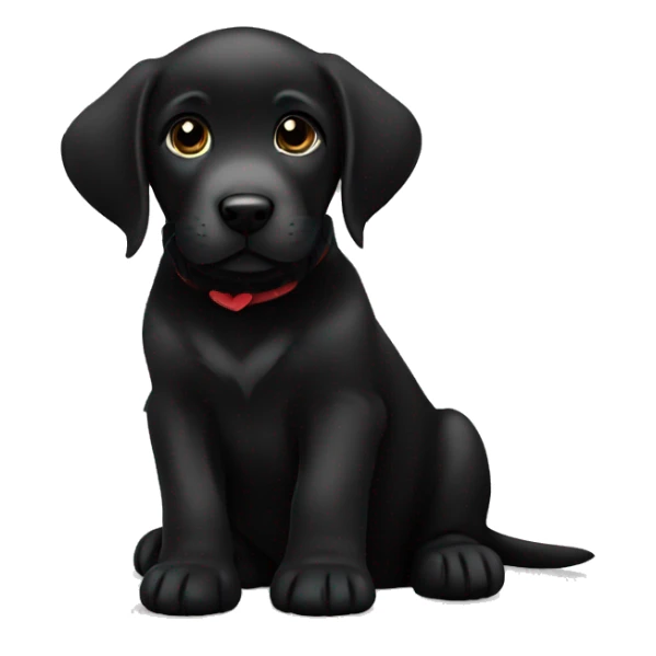 sitting black labrador puppy is holding a heart sticker