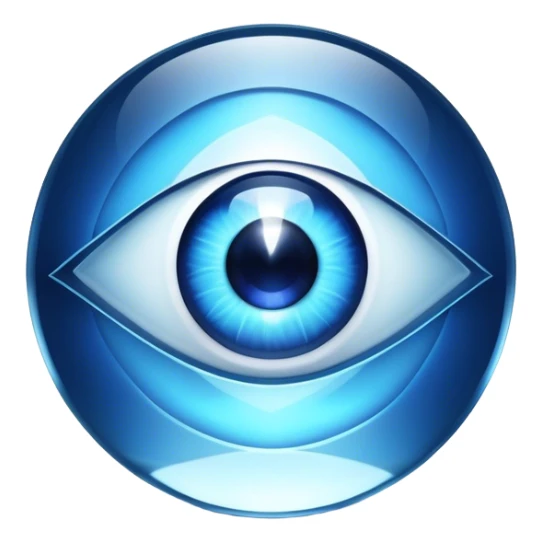 Cinematic Realistic image of a glass Evil Eye blue stone, rendered with translucent, luminous blue hues and finely cut facets that catch soft reflective light, set against a dark, minimalist backdrop to emphasize its mystical allure. sticker