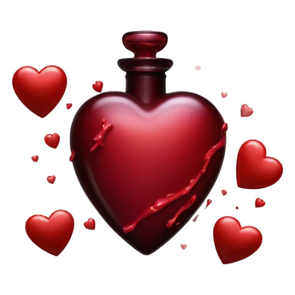 Dark red aesthetic perfume bottle with red bleeding hearts and an ink bottle sticker