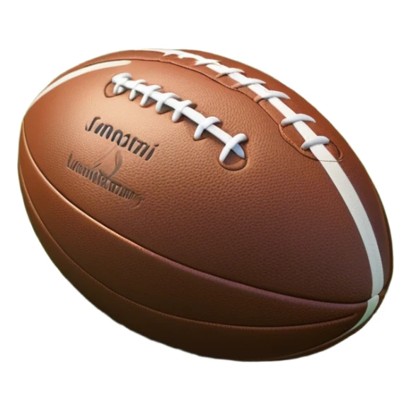 Cinematic Realistic image of a rugged rugby ball with detailed leather textures and precise stitching, rendered against a sunlit field backdrop with dynamic natural lighting that emphasizes its robust character sticker