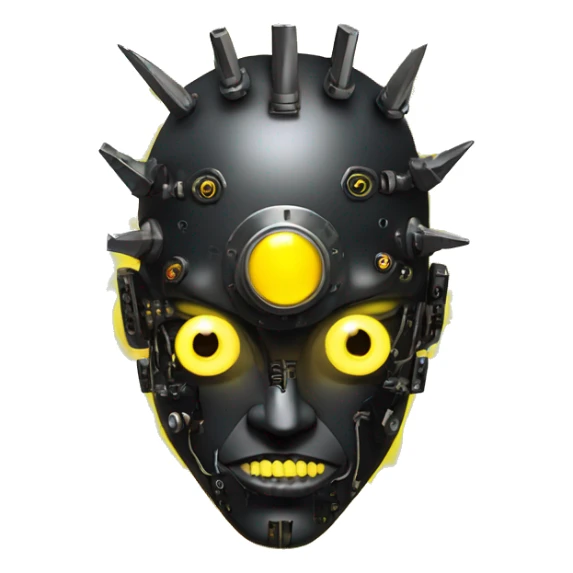 black metal cyborg head with circuitry, one artificial eyeball, and yellow Mohawk goatee sticker