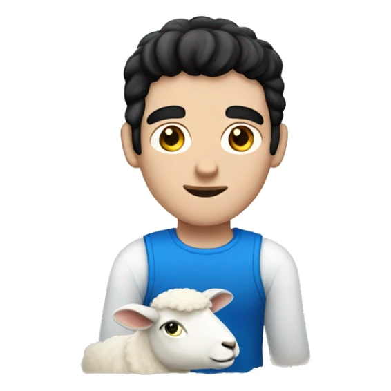 white man with black hair and blue eyes with sheep sticker