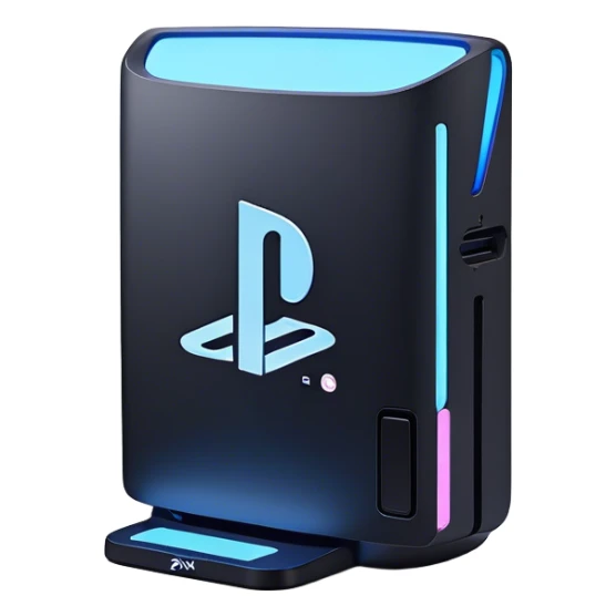 Clash of Clans aesthetic: Cinematic Playful PlayStation 5 Console Portrait Emoji, rendered in a 3D vector-style similar to standard emojis with minimal shading and bold, simplified shapes. A compact, distinct form with signature details, softly glowing with a cutting-edge console technology charm. Simplified yet unmistakably iconic, highly detailed and consistent, glowing with a soft radiance and high shine. Stylized with a touch of technological advancement and a soft glowing outline, capturing the essence of a beloved gaming relic with a friendly, playful manner! sticker