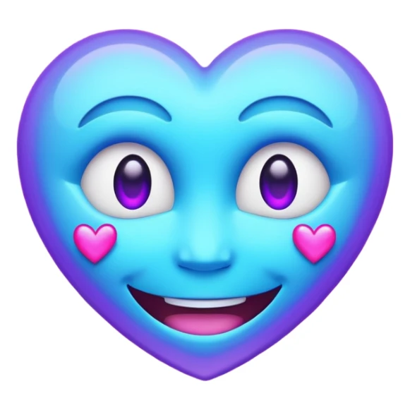 Futuristic glowing smiling face emoji with neon hearts instead of eyes, purple and blue holographic light, dark background sticker