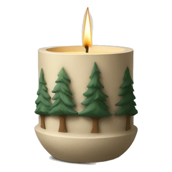 Candle in beige concrete vessel with painted pine trees sticker