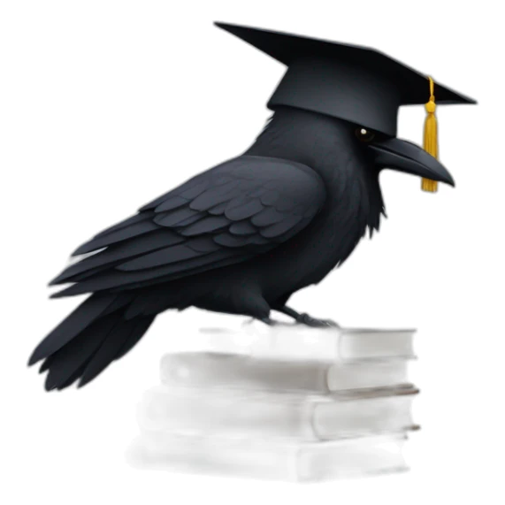 raven in student cap with a stack of gray and brown books sticker
