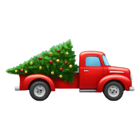 Old red truck carrying a Christmas tree front view  sticker