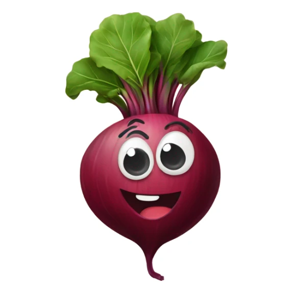 miling beetroot with big expressive eyes, rosy cheeks, and a green leaf on top. Simple and bright design with a cheerful and cartoonish style. sticker