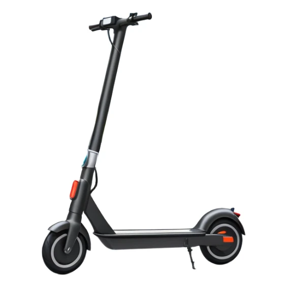 An icon featuring a sleek electric scooter with a modern design, parked on a smooth city sidewalk. The background shows a bustling urban landscape with clear skies, tall buildings, and pedestrians walking by. The scooter is highlighted as a symbol of eco-friendly transportation and modern mobility.  sticker