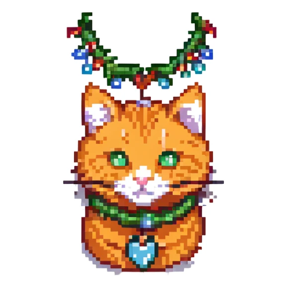 head of an orange cat with simple pixel features, Christmas garland like on a New Year tree, gaming style sticker