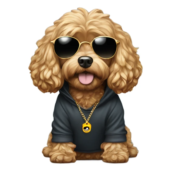 Cavapoo wearing a hoodie, gold chain and sunglasses sticker