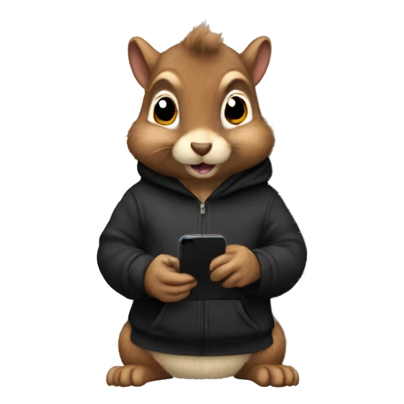 Realistic fluffy Squirrel in black hoodie holding an iPhone  sticker