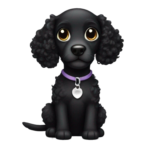 curly black puppy with white forehead sticker