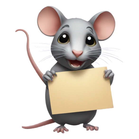 RAT, turned to the right side, holds a sign sticker