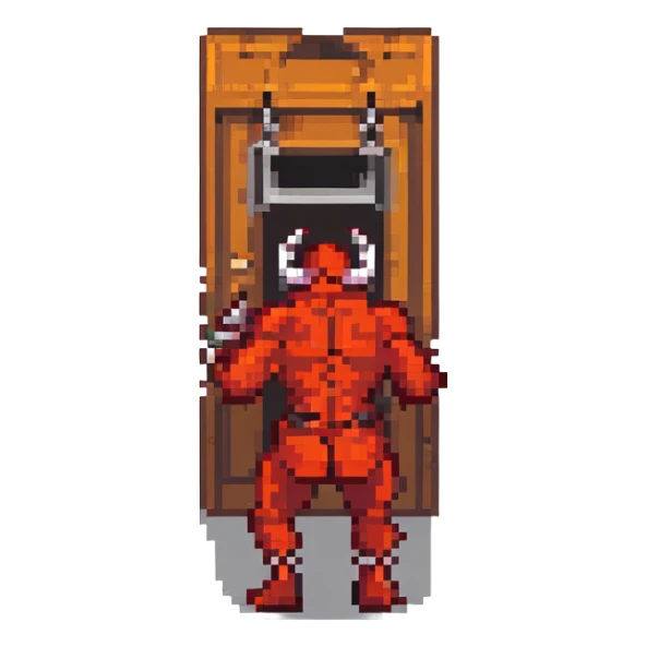 devil guy with a door for a torso and metal limbs taking a big ass fart
 sticker