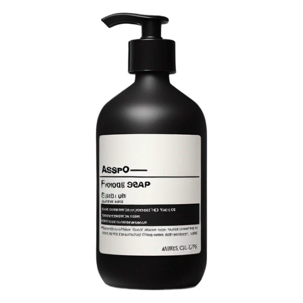 Liquid soap bottle by brand Aesop – black bottle with white label sticker