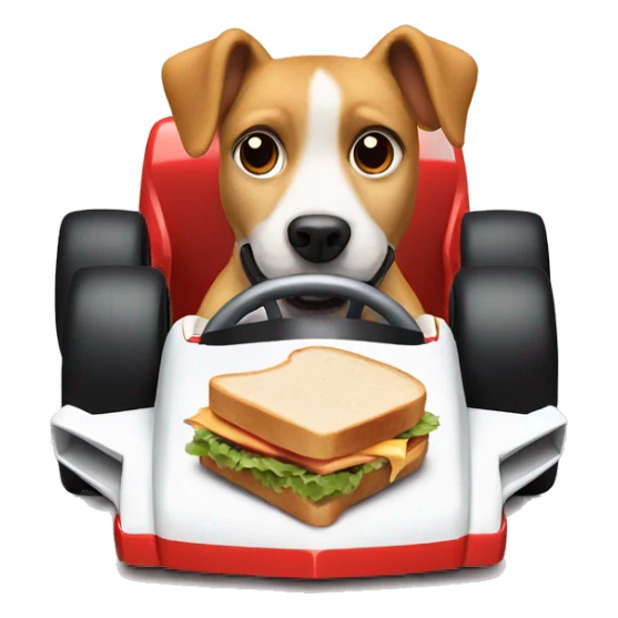 Dog eating a sandwich and driving a f1 car sticker