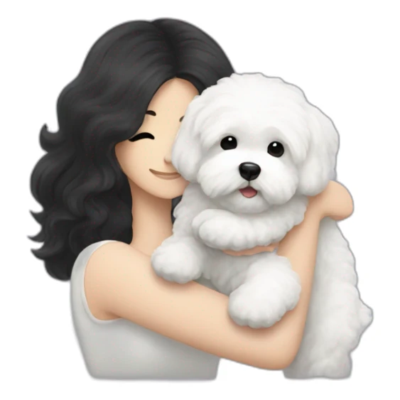 a long black-haired white woman hugging white maltipoo sticker