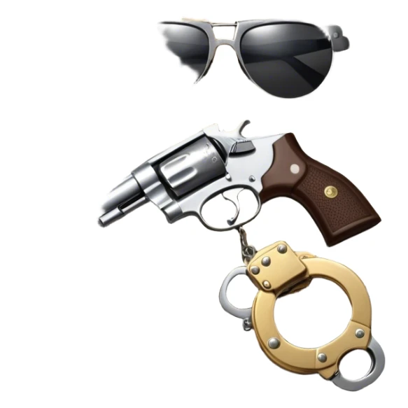 Icon for Action & Crime Reading: an open book, a revolver, handcuffs. Surrounding elements include a dark alley, a police badge, and a pair of sunglasses. The icon should evoke tension, suspense, and action.  Transparent background. sticker