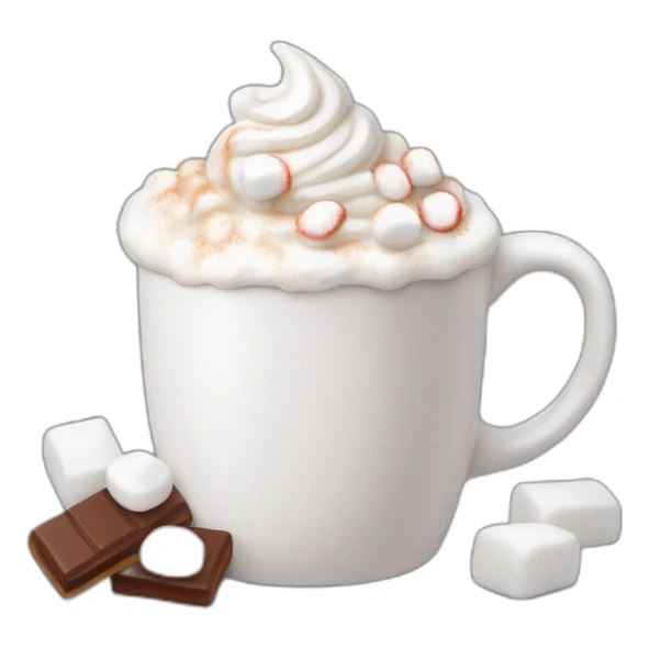 white mug of hot chocolate with mini marshmallows and whipped cream sticker