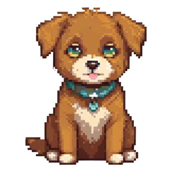 A cute cartoon dog, brown fur, playful pose, sitting. sticker
