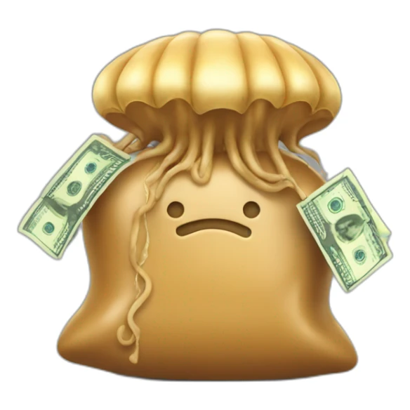 Peanut butter jellyfish hugging money bag sticker