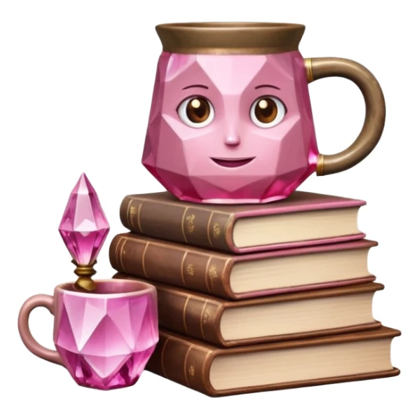 stack of books with a pink crystal and brown moon mug. sticker
