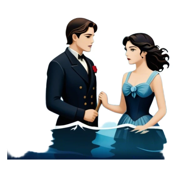 Icon for Titanic Movie: A vintage movie poster-style design featuring a dramatic scene of the ship, the iceberg, and a romantic silhouette of the main couple. Include elements like the ship’s bow, water splashes, and a starry sky in the background. Retro cinematic feel. Transparent background. sticker