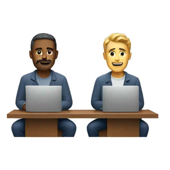 two men. One is sitting in front of a computer, and the other one is calling sticker