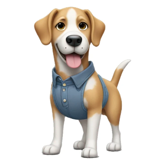a dog standing on his feets wearing shirt, pant , shoes with his hand inside pocket and smiling  sticker