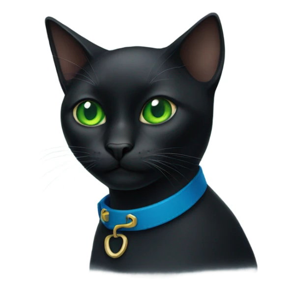 black cat with green eyes wearing a blue collar sticker