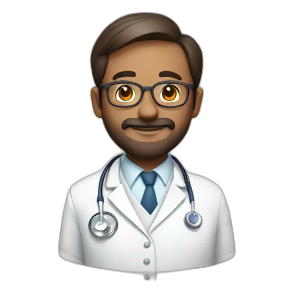 a doctor without beard wearing round glasses and white coat and having stethoscope sticker