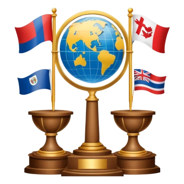 icon featuring podium with a speaker, national flags, and voting ballots, symbolizing political science. The design includes a globe and scales of justice in the background, representing governance, global affairs, and political theory. Transparent background emphasizes civic engagement and policy. sticker