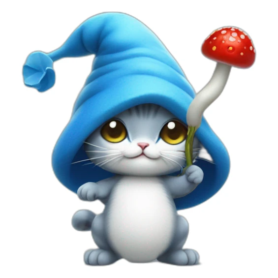 blue smurf cat with a white mushroom fungai hat also with berries on his back and a stick poking into the berries with a snail poked into it sticker