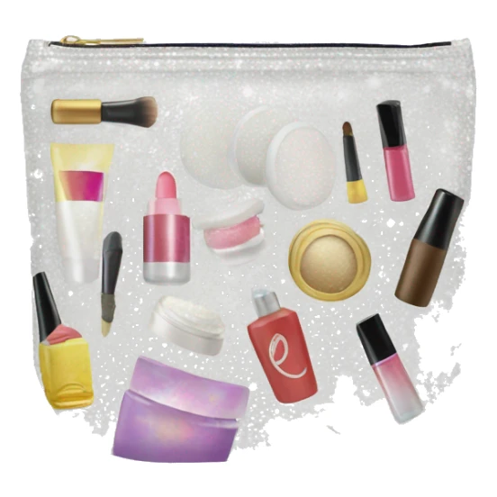 White glittery Cosmetic Bag with cosmetics sticker
