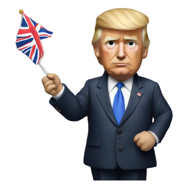 Hyper realistic Donald Trump holding a british flag sticker