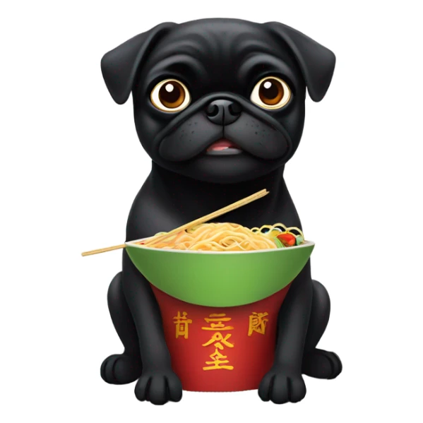 Black pug eating Chinese food sticker