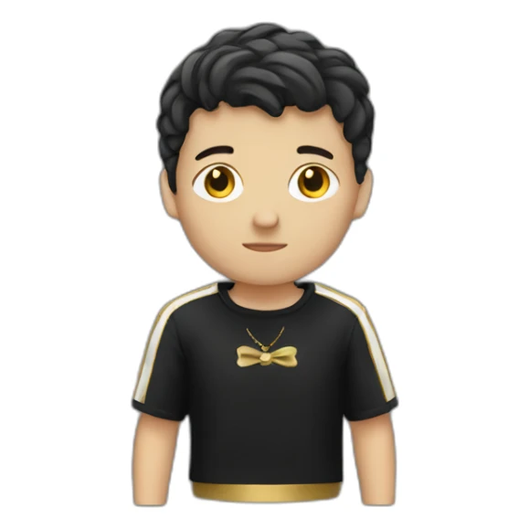 A white kid wearing black and gold sticker