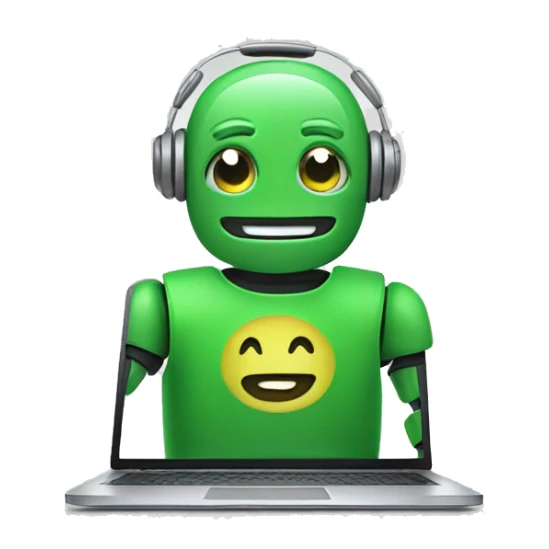 happy robot in laptop wearing green t-shirt sticker
