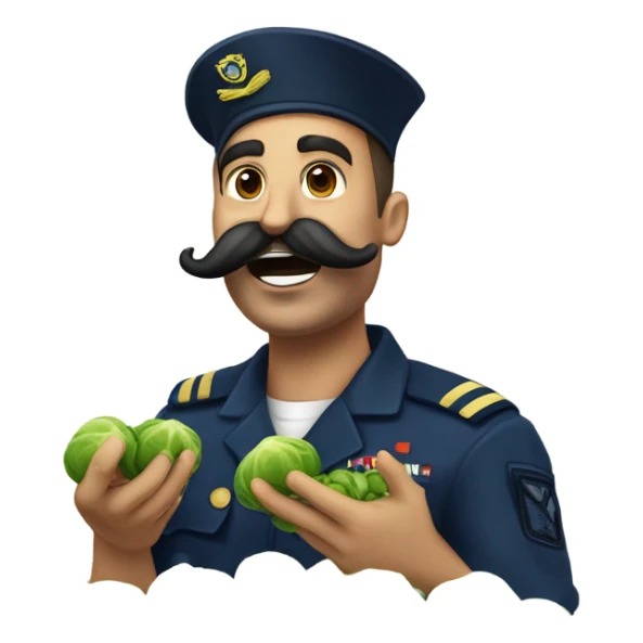 Navy guy with moustache being goofy with Brussels sprouts  sticker
