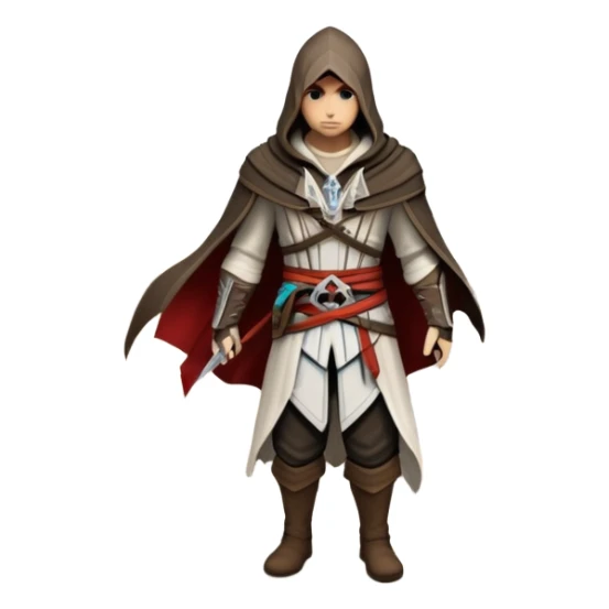 An icon representing an adventure game, inspired by Assassin's Creed. The design features a heroic character in hooded attire, scaling a tall building in a historical cityscape. The background shows ancient architecture and hidden symbols, symbolizing exploration and stealth. Transparent background  sticker