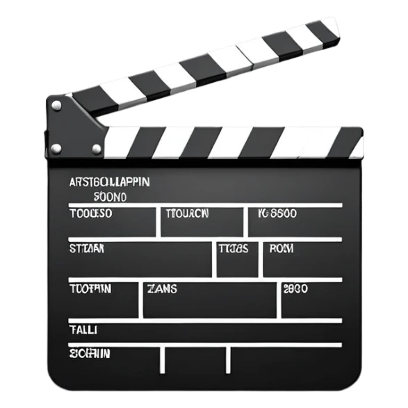 Flat design movie clapperboard with subtle shadow, black and white with minimal stripes, clean iOS emoji style sticker