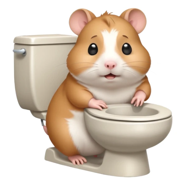Cute chubby cartoon-style hamster sitting on toilet pooping looking as if he had an accident sticker