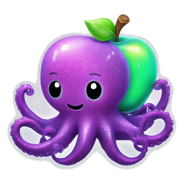 Neon glitter kawaii octopus holding neon apple  sticker
