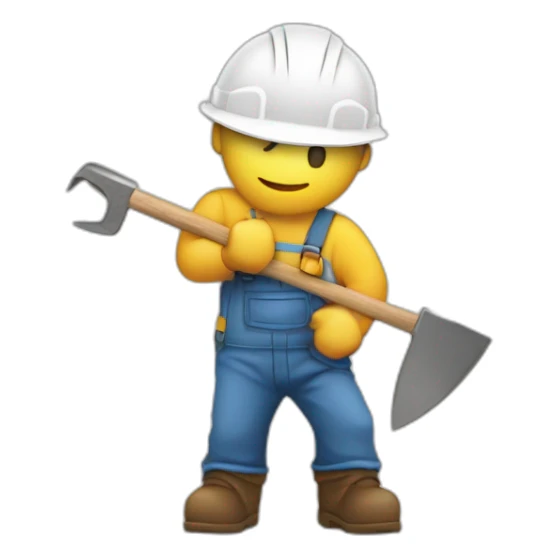 A builder with his cap on and a tool in front of him, near his face sticker