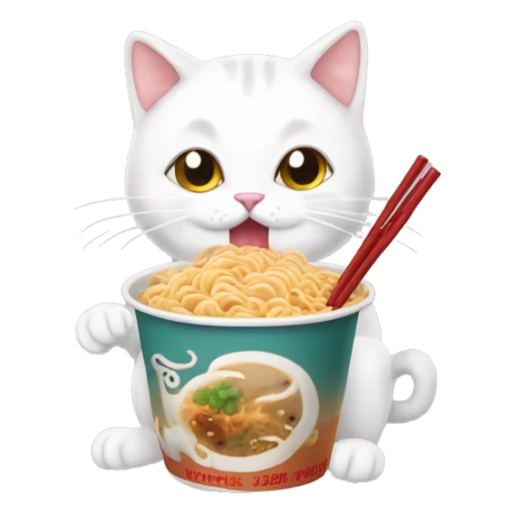 White cat eating ramen noodles and bubble tea sticker