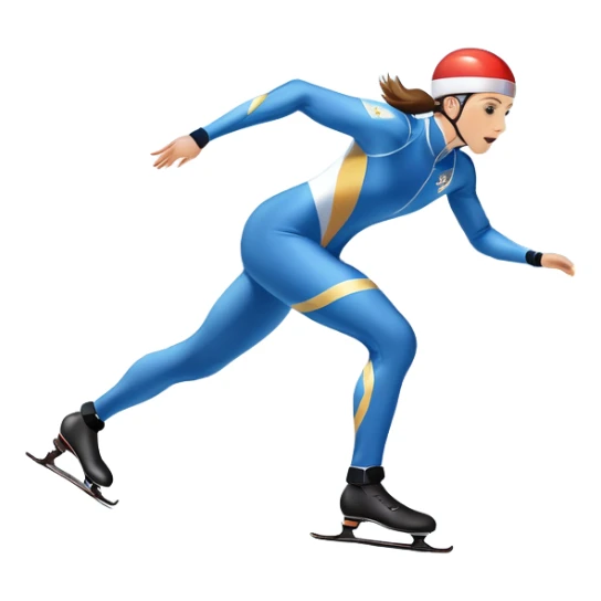 An icon showing a speed skater in a dynamic pose racing along a glossy ice track. The background features a clear blue sky, stadium stands with spectators, and snowy surroundings. Transparent background captures the speed, focus, and energy of professional speed skating. sticker