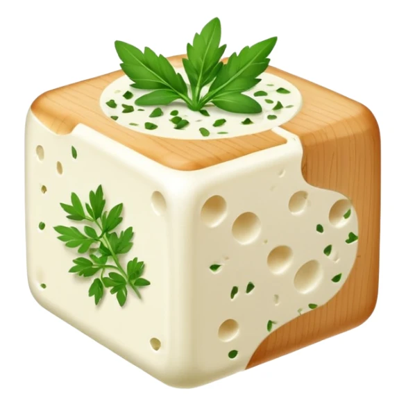 cube of Boursin cheese, white creamy look, green herb flecks, minimal rounded design sticker