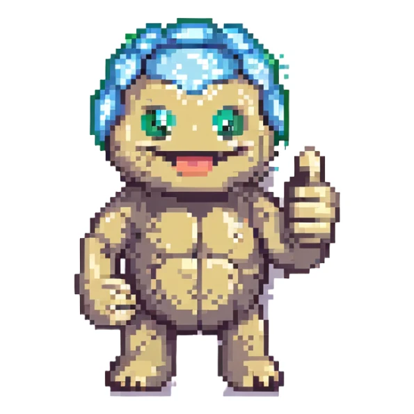 pixel art Geodude smiling, giving a thumbs up, retro 8-bit look sticker